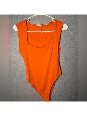 Orange Bodysuit Women’s Medium Square Neck Sleeveless Stretch Fitted Top